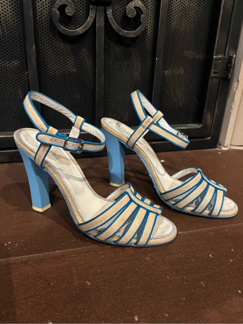 Y2K Marc Jacob’s blue and white ankle strap heels